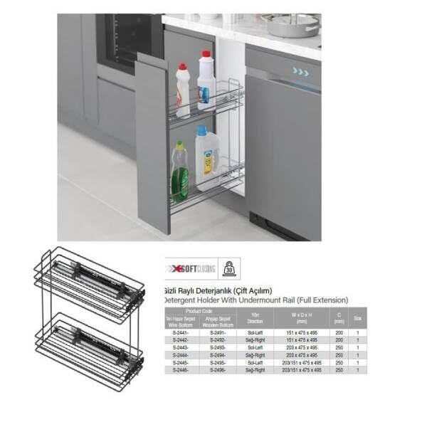 Starax Tandem Raylı Sol Deterjanlık Şişelik Antrasit Modül 25cm (S-2443-A)