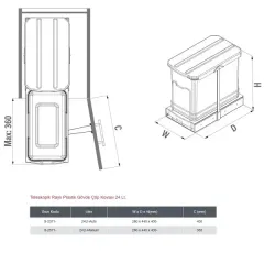 Starax Teleskopik Raylı Plastik Gövde Çöp Kovası Gri 24 Litre Modül 40cm (S-2571-G)