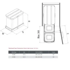 Starax Teleskopik Raylı Paslanmaz Gövde Çöp Kovası 12+12 Litre Gri Modül 30cm (S-2396-G)