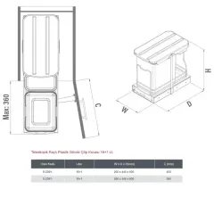 Starax Teleskopik Raylı Plastik Gövde Çöp Kovası Gri 16+1 Litre Modül 40cm (S-2391-G)