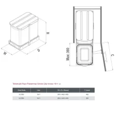 Starax Teleskopik Raylı Paslanmaz Gövde Çöp Kovası 16+1 Litre Modül 40cm (S-2395-G) Ürün Kodu : S-2395-G