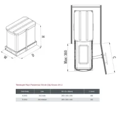 Starax Teleskopik Raylı Paslanmaz Gövde Çöp Kovası 24 Litre Modül 40cm (S-2572-G)