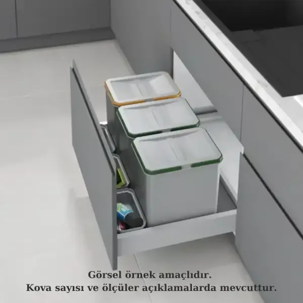 Starax 2551 80cm Çekmece İçi Manuel Çöp Kovası 36+3 Litre Gri 3 Kovalı Modül 80cm (S-2551-G)