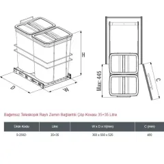 Starax 2592 Bağımsız Teleskopik Raylı Zemin Bağlantılı Çöp Kovası Gri 35+35 Litre Modül 40cm (S-2592-G)