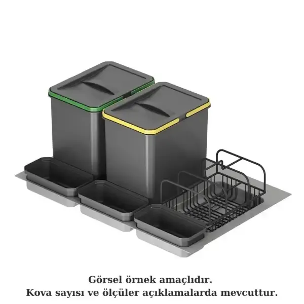 Starax 60cm Çekmece İçi Taşınabilir Sepetli Manuel Çöp Kovası 12+2 Lt Antrasit Modül 60cm (S-2533-A)